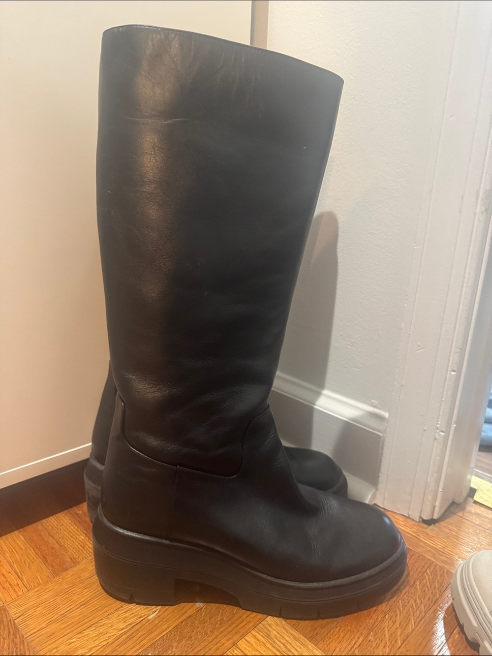Stuart Weitzman Black Leather Knee-High lug sole Heeled Boots